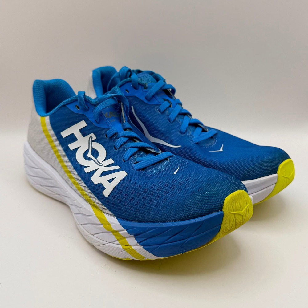 HOKA  Rocket X Men's Size 8 Blue Yellow White Carbon Plate Running Shoes - Picture 2 of 6